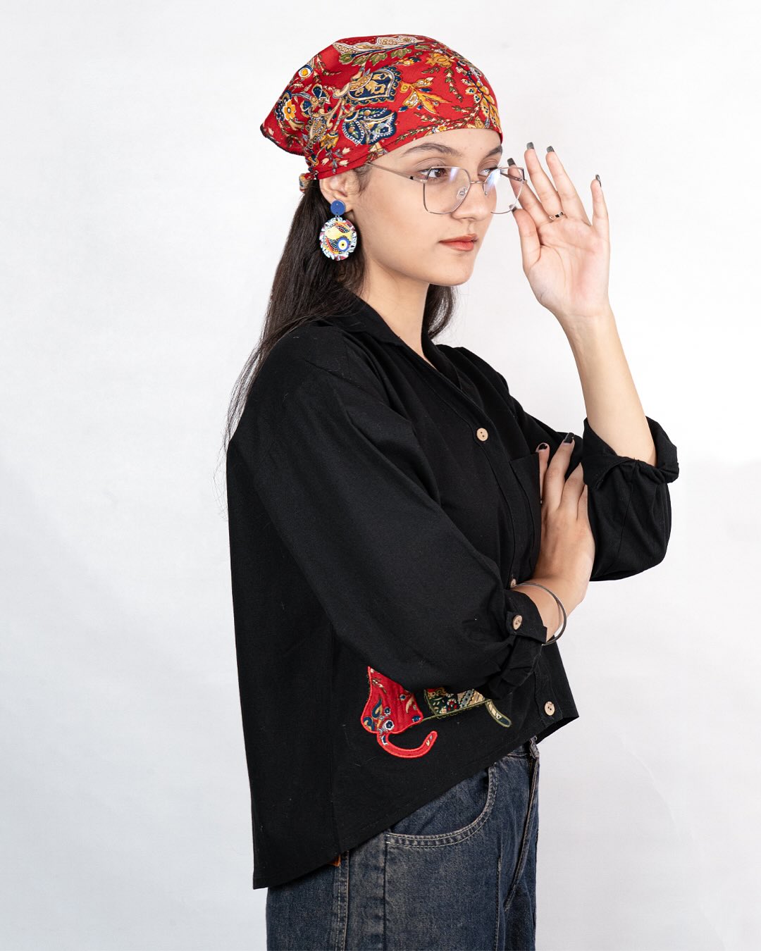 شومیز کتان مشکی دخترانه نوجوان عمده با تکهدوزی و هدبند ست سایز ۳۶